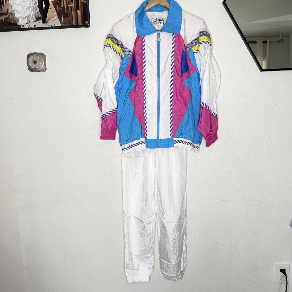 New Vintage Casual Isle Color block Nylon Tracksuit 80s Retro Womens Small